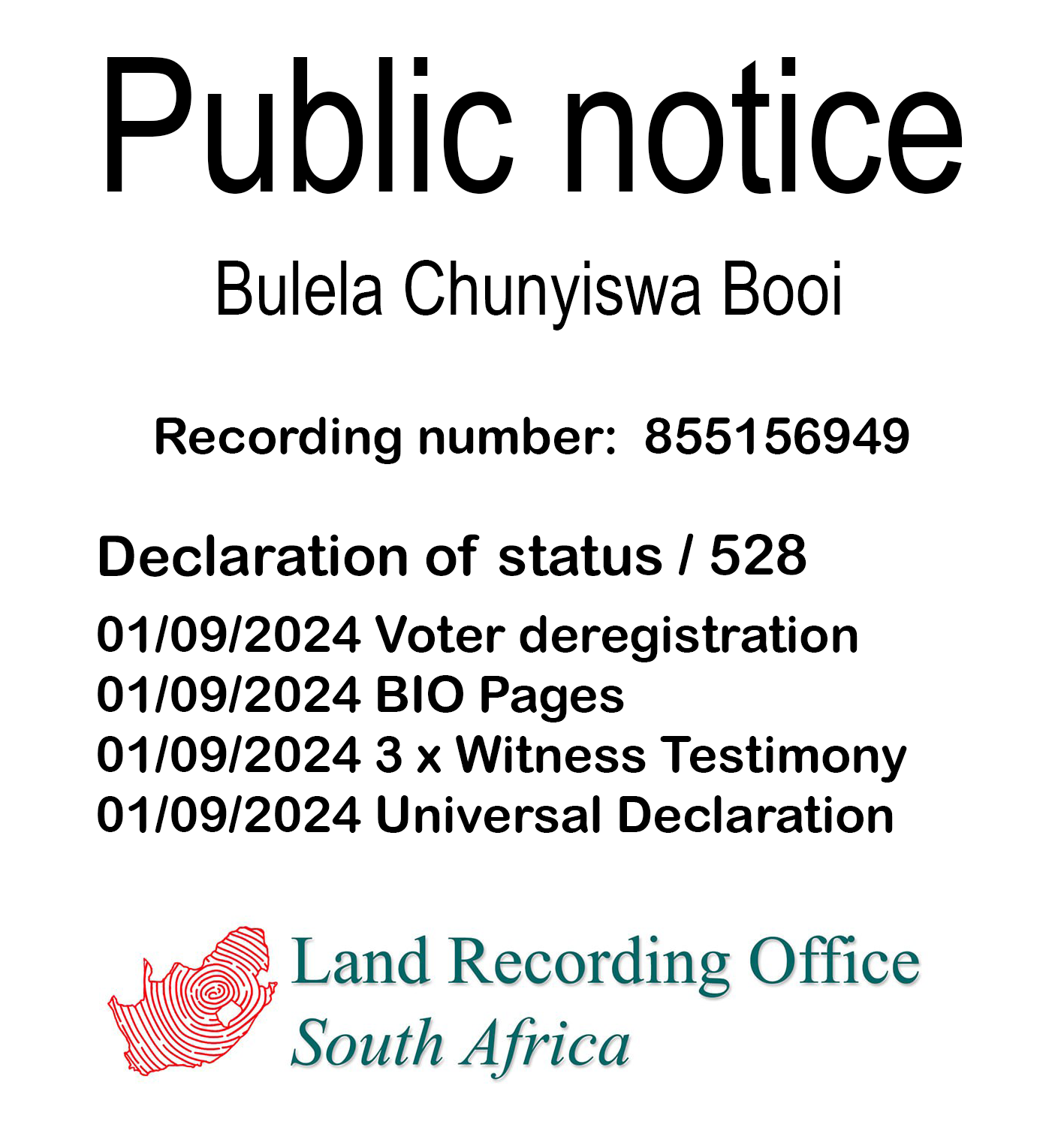 Public notice Bulela Chunyiswa Booi Recording number 855156949